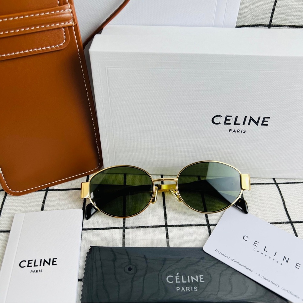 NEW CELINE Gold Oval Sunglasses with Green Lenses & Full Packaging